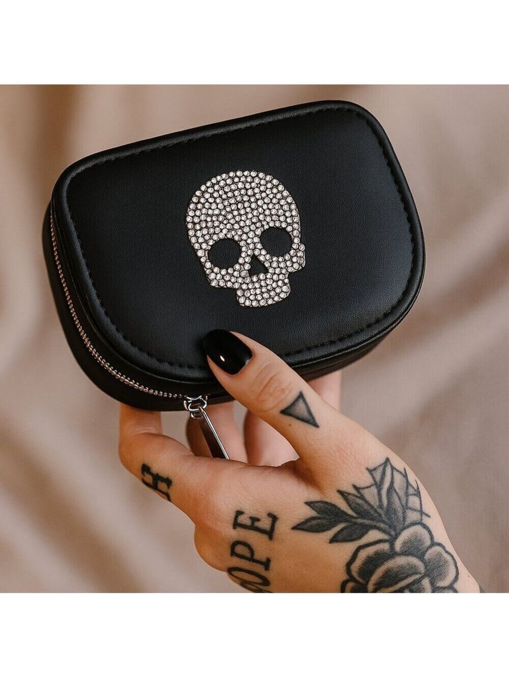 Rhinestone Skull Travel Jewelry Case โ Black Vegan Leather โ Rocker Glam